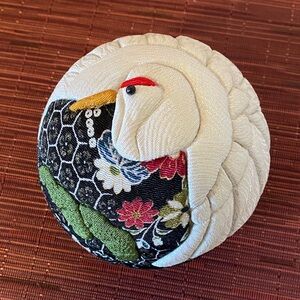 Japanese Kimekomi Crane Trinket Box Sphere Handmade Fabric Art Container 4.5”